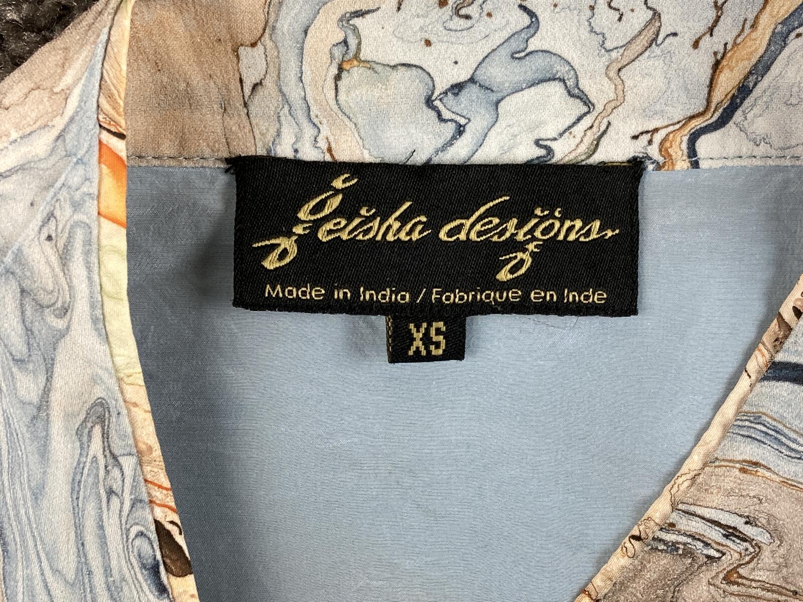 Geisha Designs Anthropologie Blue Marble Print Ruffle Blouse Button Up Top Sz S