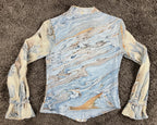 Geisha Designs Anthropologie Blue Marble Print Ruffle Blouse Button Up Top Sz S