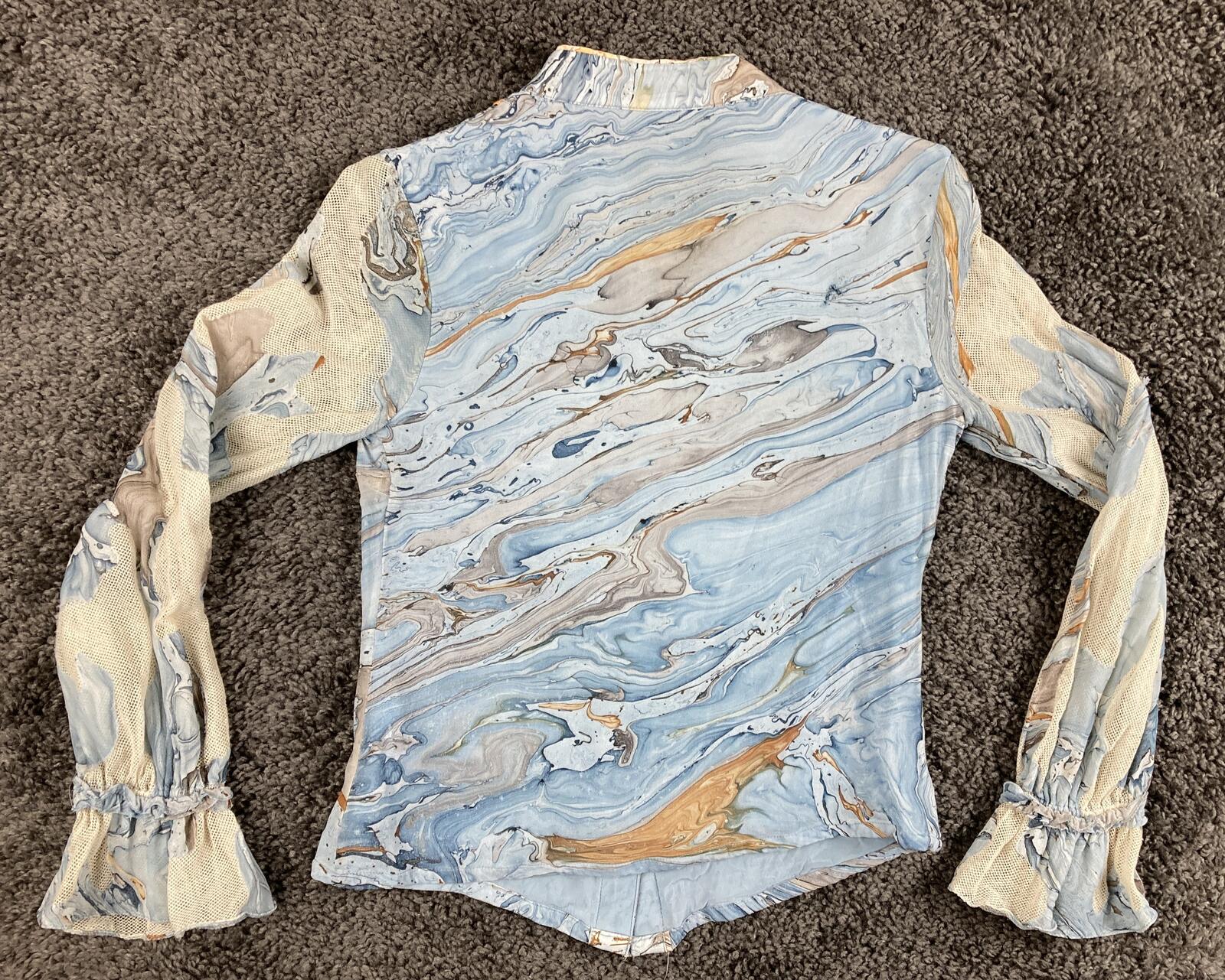 Geisha Designs Anthropologie Blue Marble Print Ruffle Blouse Button Up Top Sz S