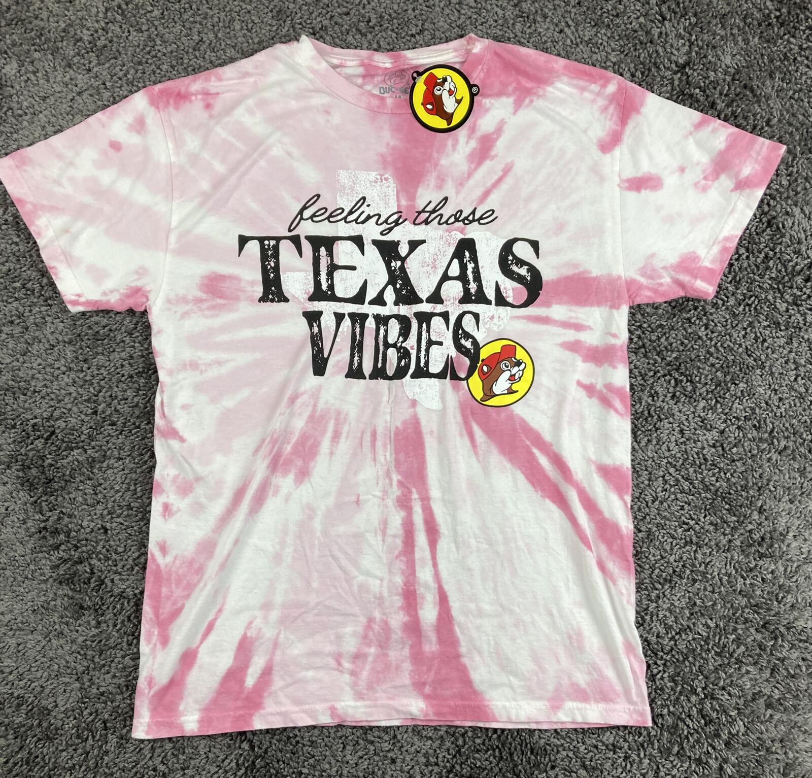 Buc-ee's Texas Vibes T-Shirt Pink White Tie Dye Graphic Tee NWT Adult Medium