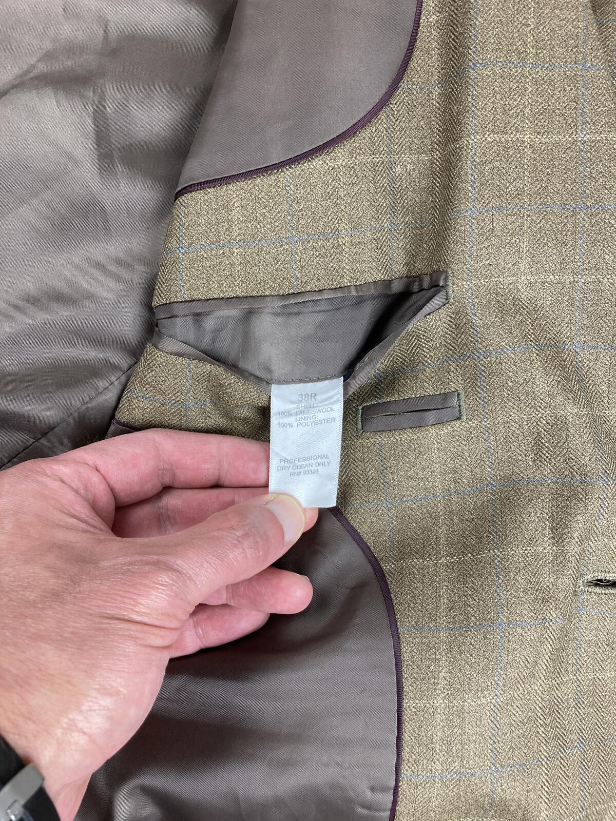 Saddlebred Sport Coat Mens Brown Herringbone Windowpane 100% Lambswool Sz 38R