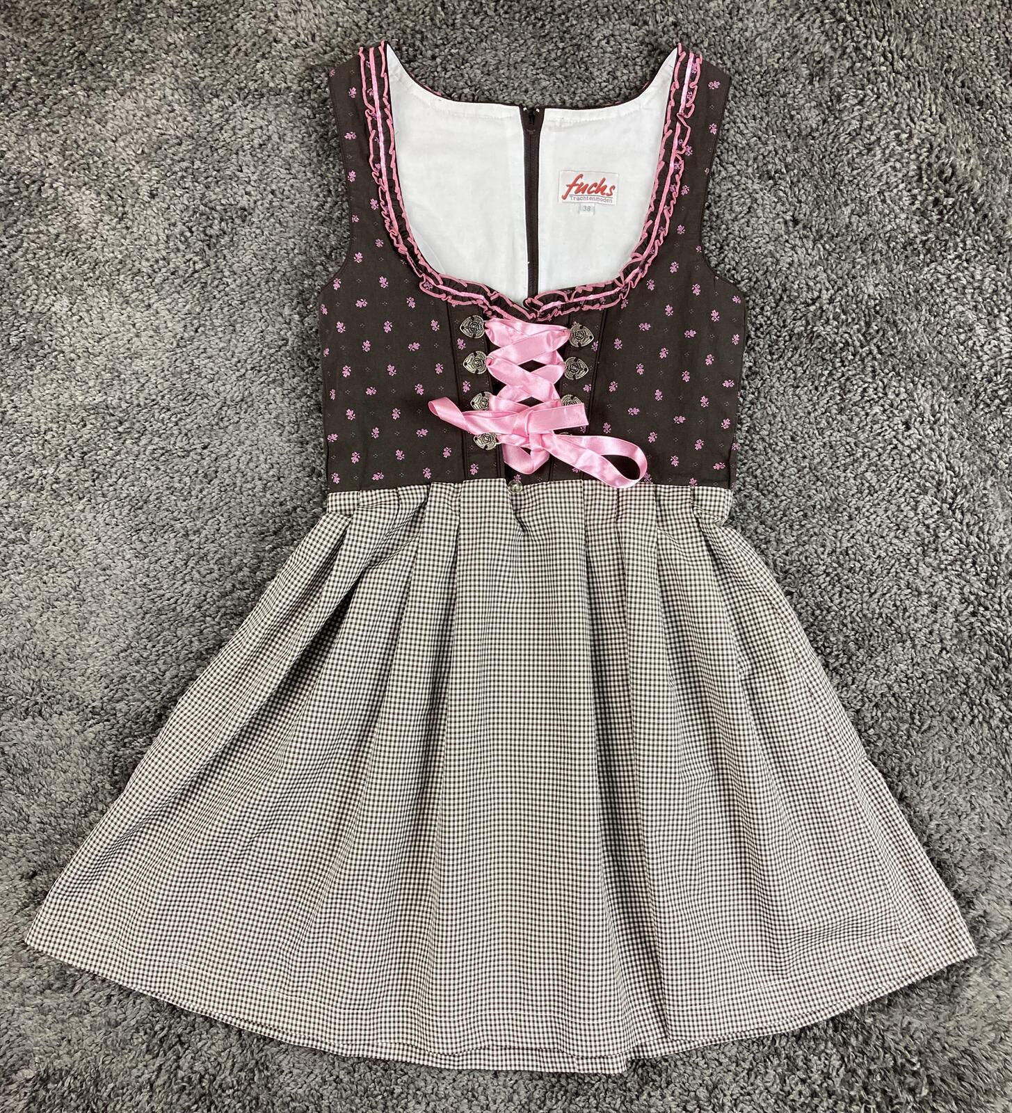 Fuchs Trachtenmoden Dirndl Dress Pink Brown Gingham Oktoberfest Bavarian Size 38