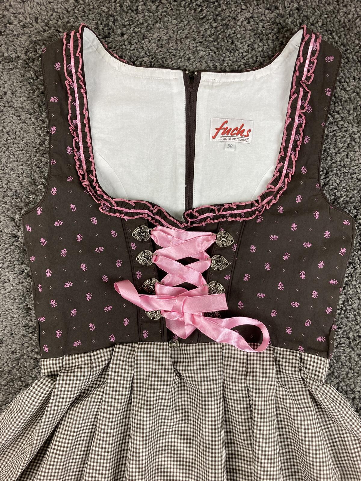 Fuchs Trachtenmoden Dirndl Dress Pink Brown Gingham Oktoberfest Bavarian Size 38