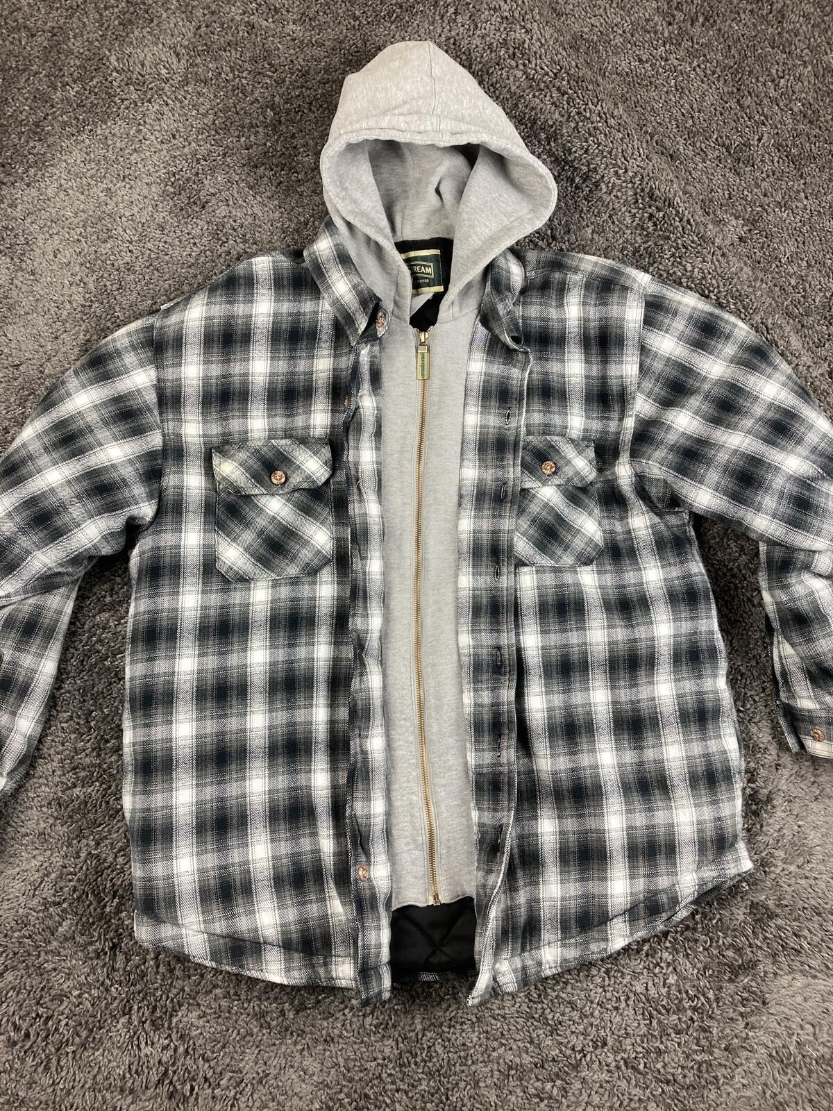 Field & Stream Mens Quilted Lined Flannel Shirt Jacket Hooded Full Zip Plaid XL