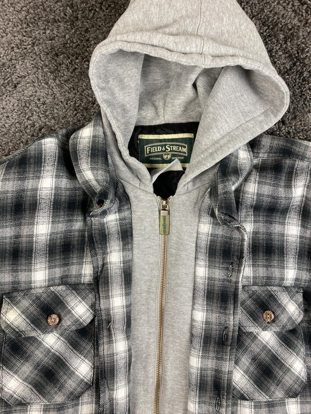 Field & Stream Mens Quilted Lined Flannel Shirt Jacket Hooded Full Zip Plaid XL
