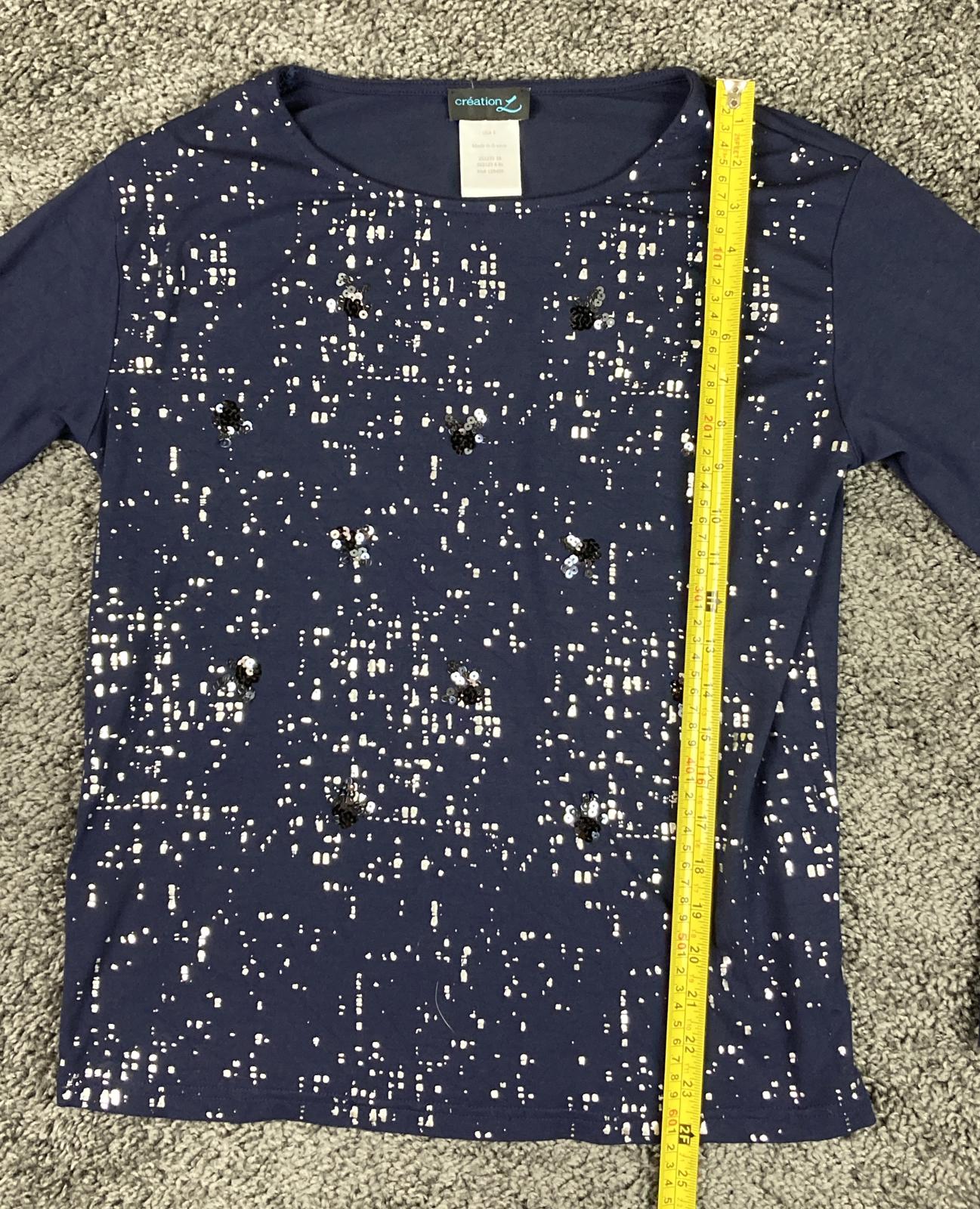 Creation L Navy Long Sleeve Sequin Abstract Top Womens Size 6