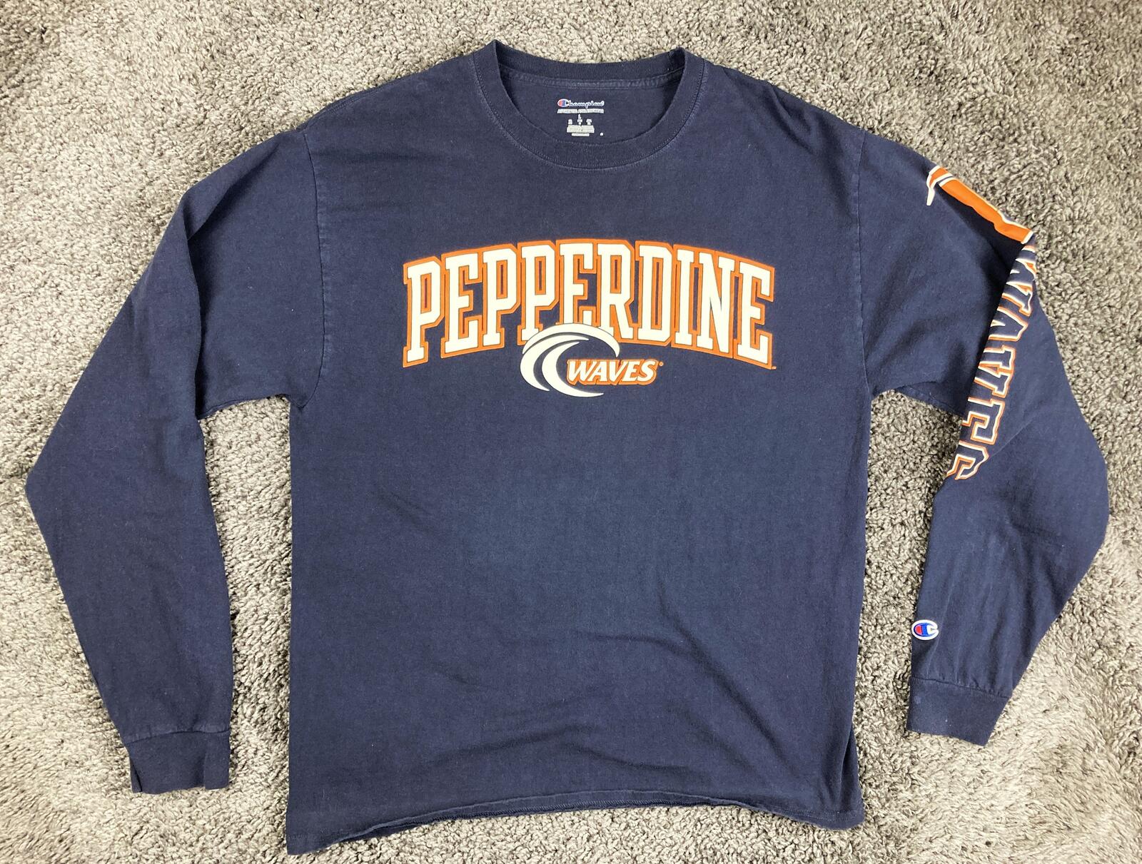 Champion Pepperdine Waves Long Sleeve Shirt Navy Blue Mens NCAA Sz Large