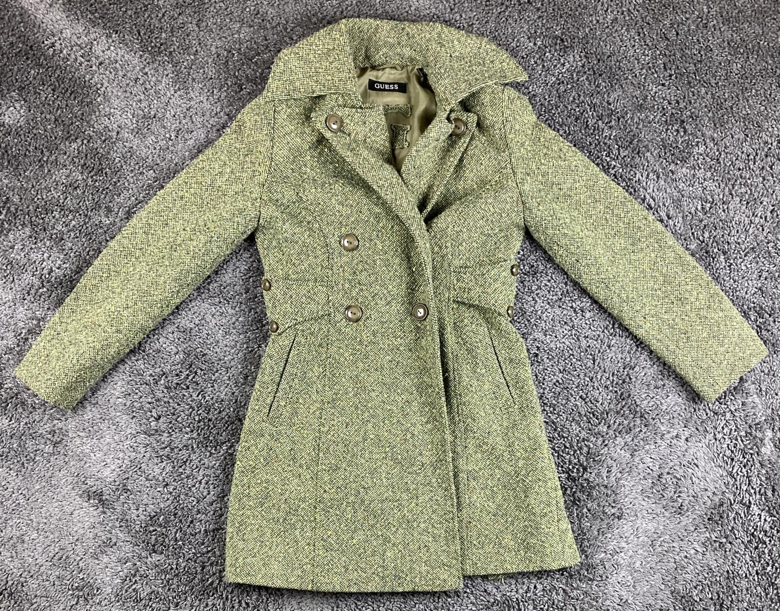 GUESS Tweed Wool Blend Coat Womens  Green Double Breasted Pea Coat Vintage Sz M