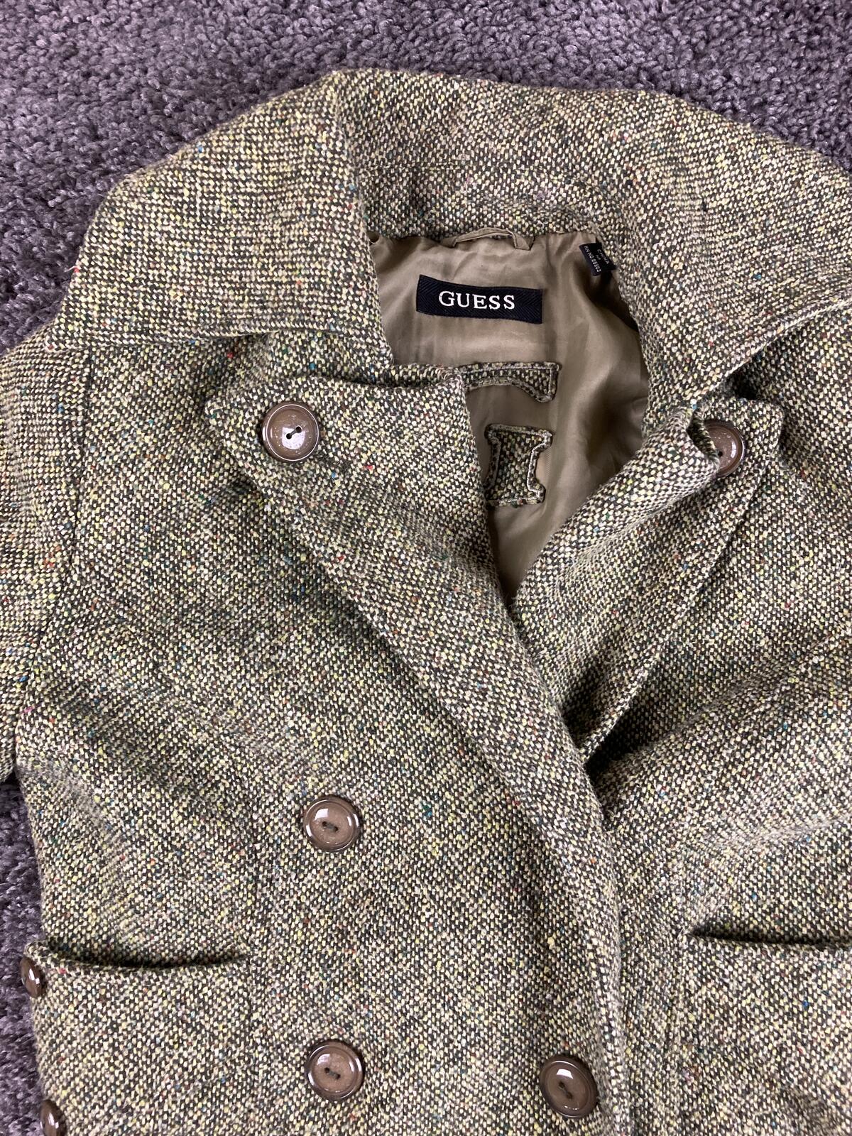 GUESS Tweed Wool Blend Coat Womens  Green Double Breasted Pea Coat Vintage Sz M