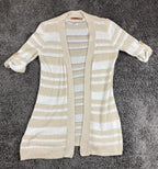 Belldini Cardigan White Beige Striped Pointelle Knit Open Front Sz Small