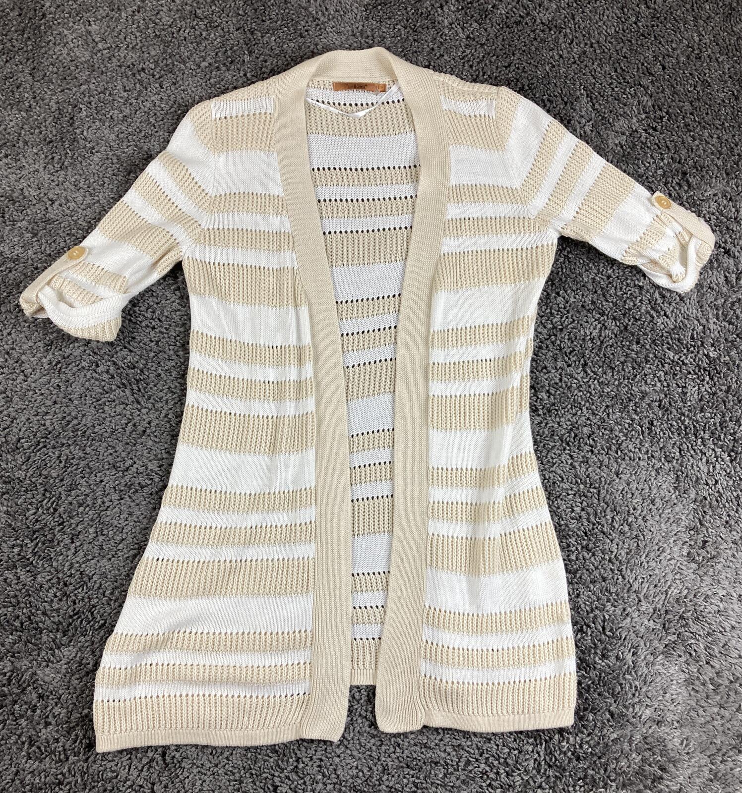 Belldini Cardigan White Beige Striped Pointelle Knit Open Front Sz Small