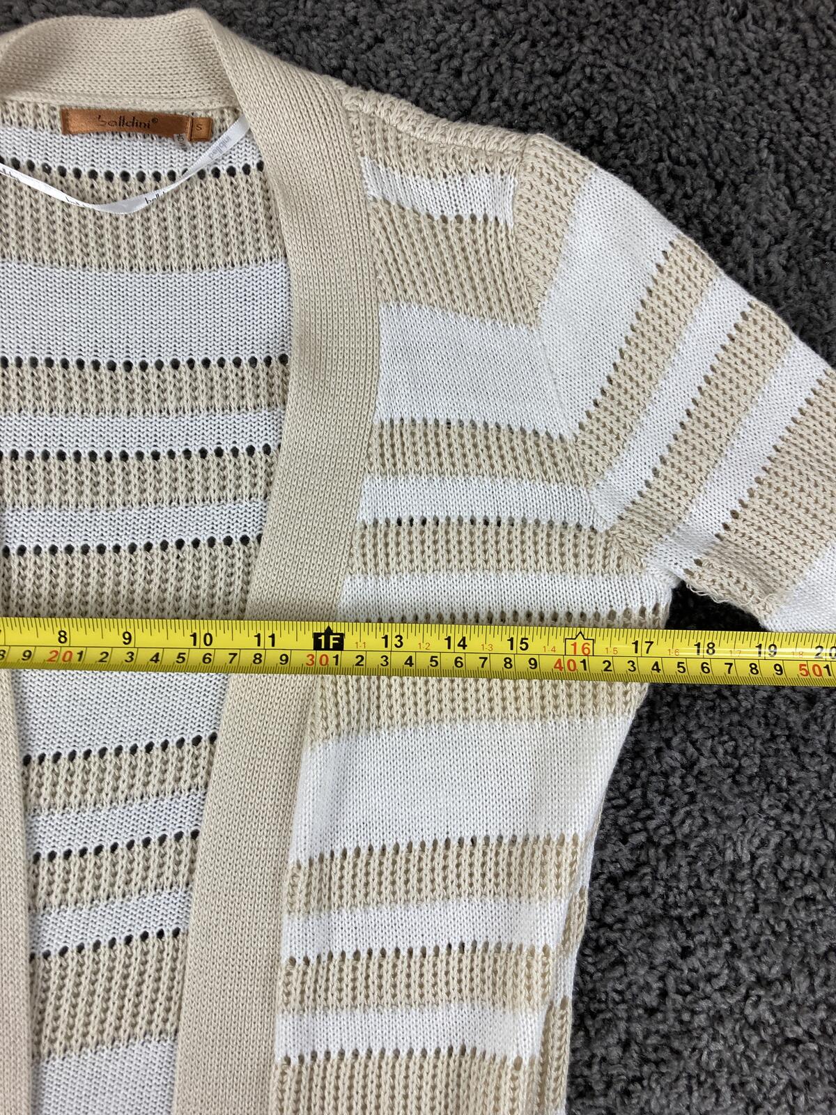 Belldini Cardigan White Beige Striped Pointelle Knit Open Front Sz Small
