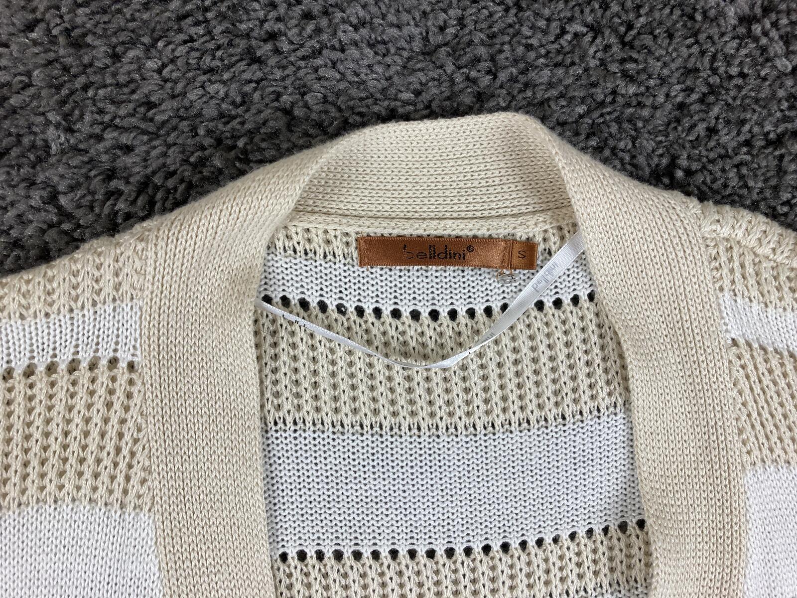 Belldini Cardigan White Beige Striped Pointelle Knit Open Front Sz Small