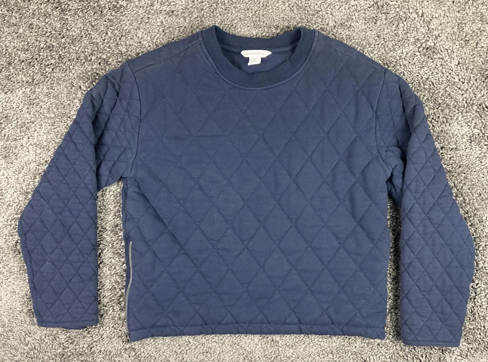 Athleta Puffer Sweatshirt Womens SP Navy Blue Crewneck Side Zips