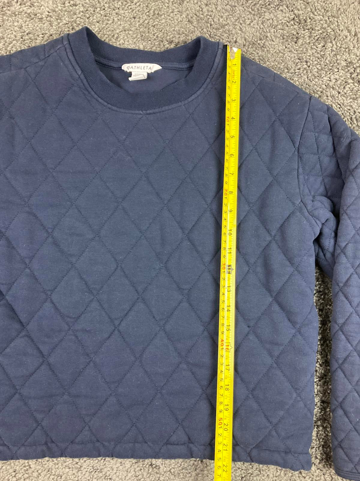 Athleta Puffer Sweatshirt Womens SP Navy Blue Crewneck Side Zips