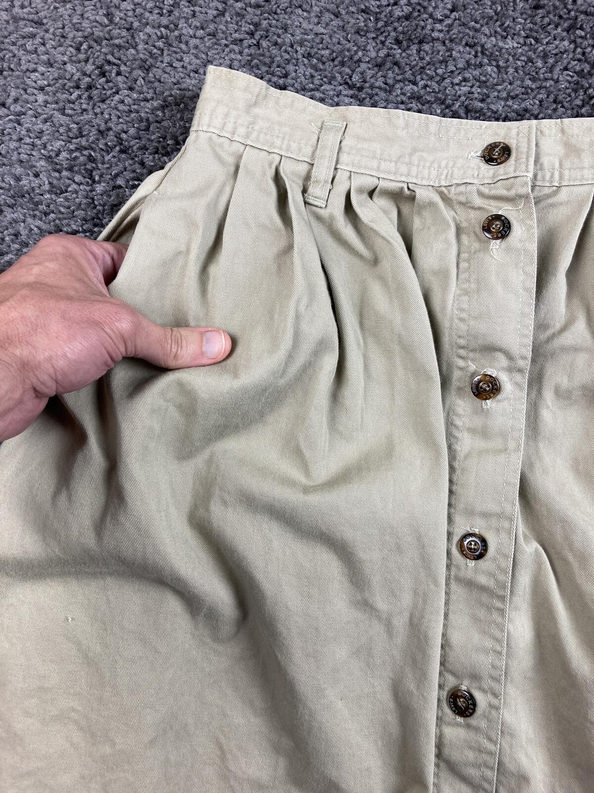Vintage Dockers Levi's Skirt Khaki Cotton Button Front Midi Pleated 90s Size 8