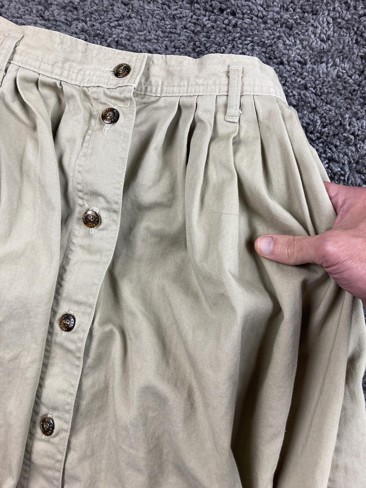 Vintage Dockers Levi's Skirt Khaki Cotton Button Front Midi Pleated 90s Size 8