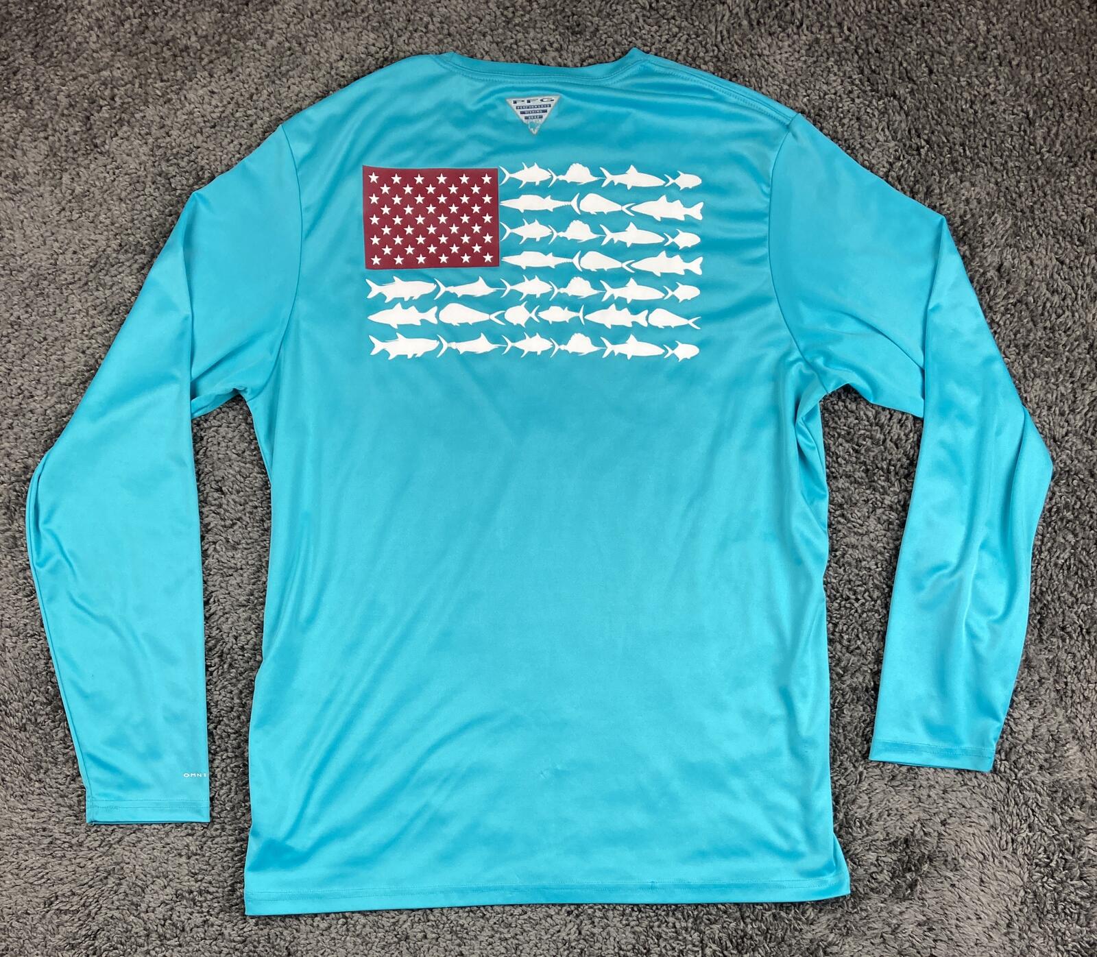 Columbia PFG Shirt Mens M Blue Fish Flag Long Sleeve Terminal Tackle UPF Sz M