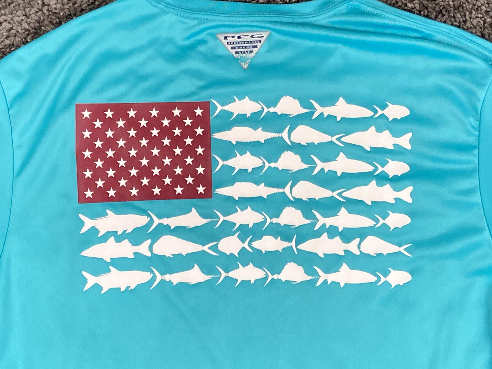 Columbia PFG Shirt Mens M Blue Fish Flag Long Sleeve Terminal Tackle UPF Sz M