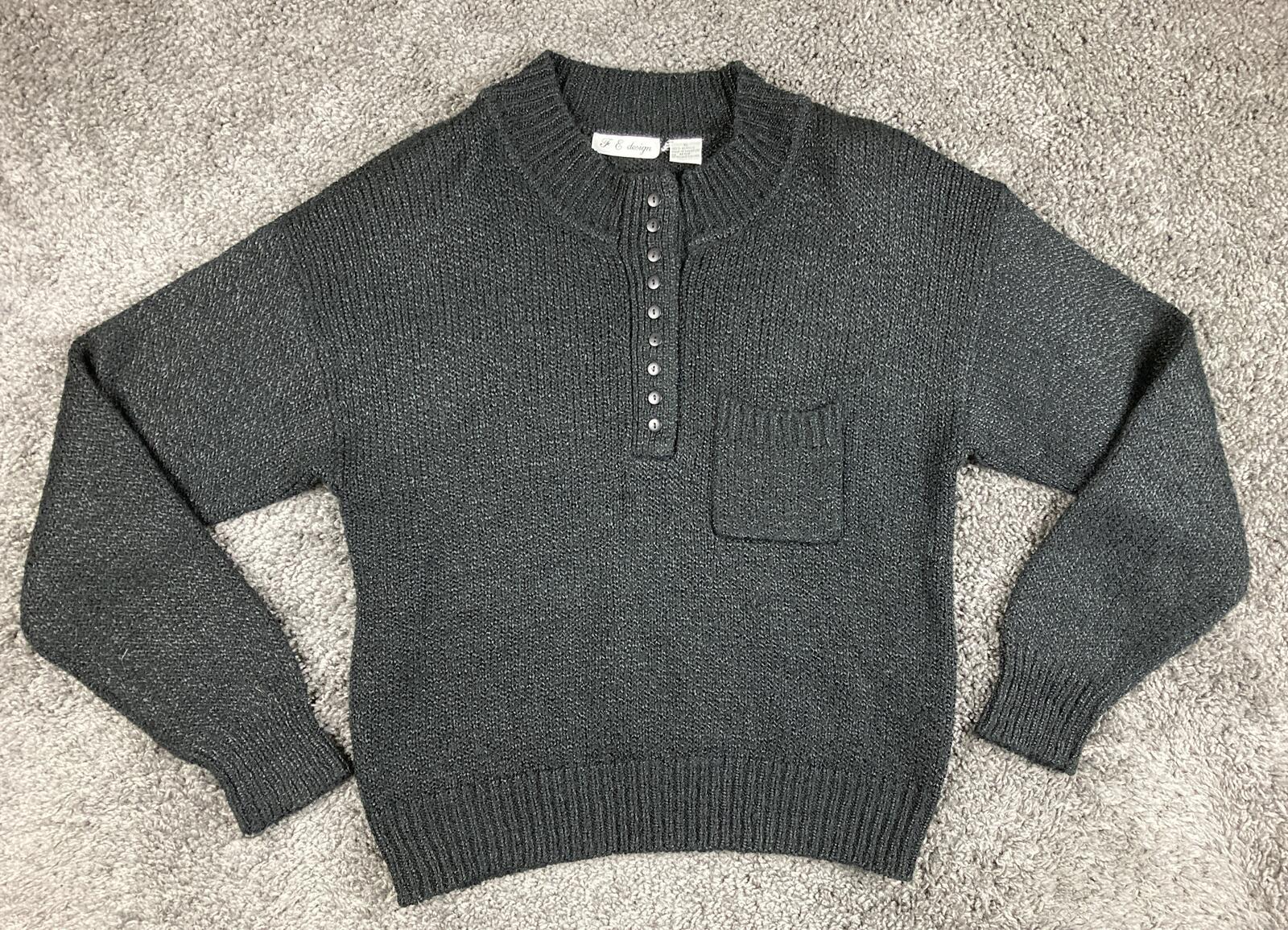 Vintage F&E Design Sweater Mens Black Acrylic Knit Henley Button Front Pocket XL