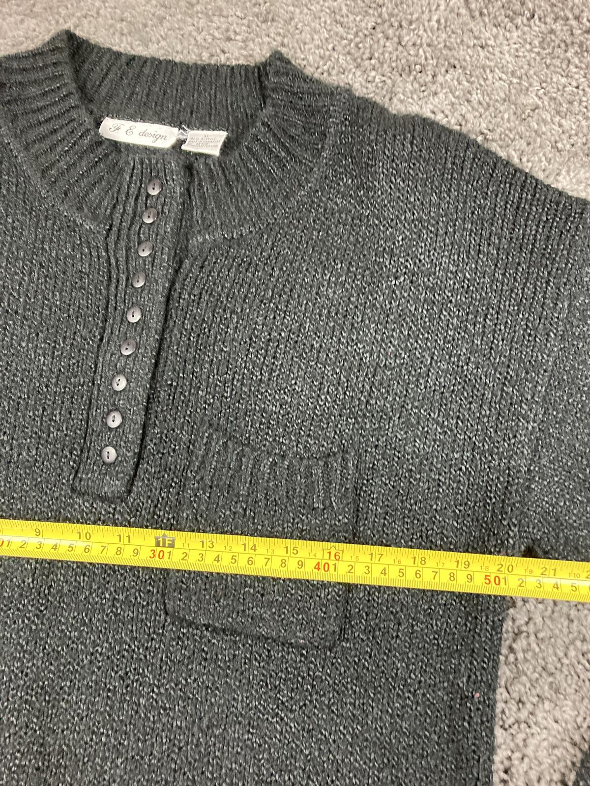 Vintage F&E Design Sweater Mens Black Acrylic Knit Henley Button Front Pocket XL