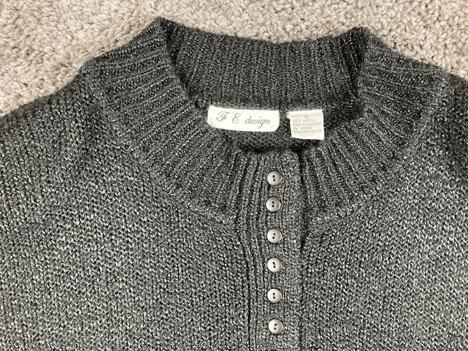 Vintage F&E Design Sweater Mens Black Acrylic Knit Henley Button Front Pocket XL
