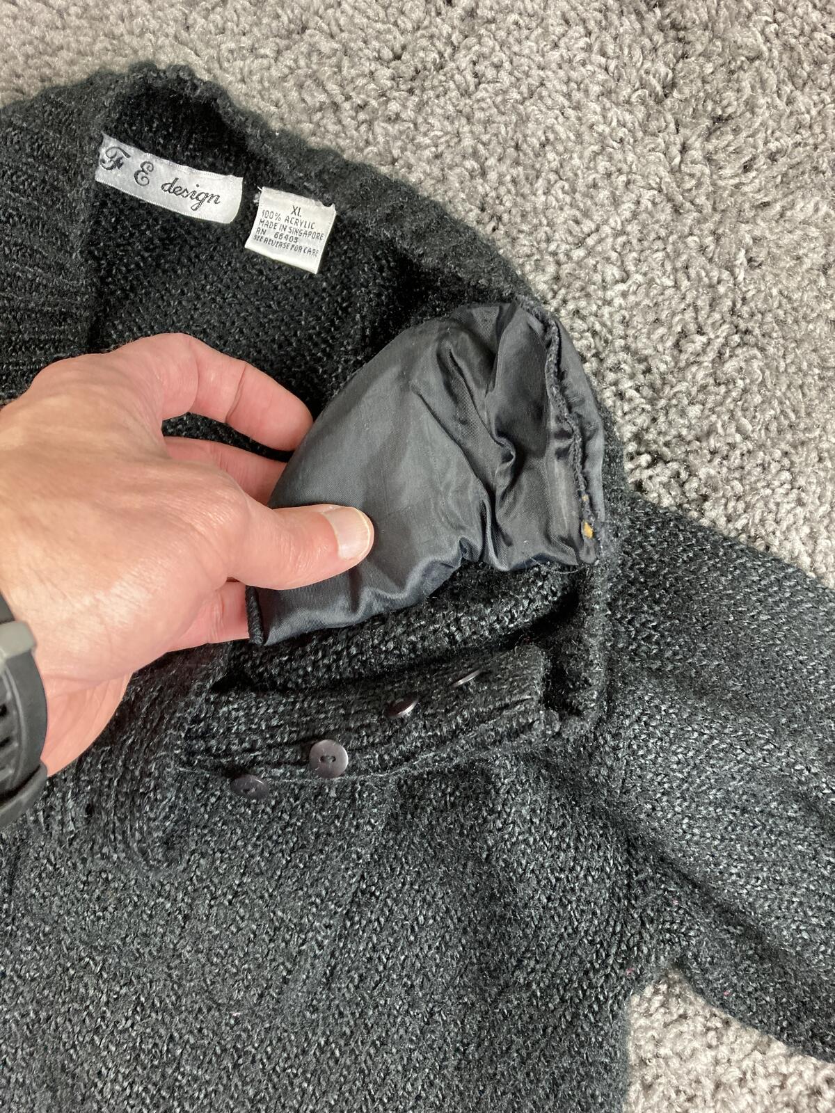 Vintage F&E Design Sweater Mens Black Acrylic Knit Henley Button Front Pocket XL