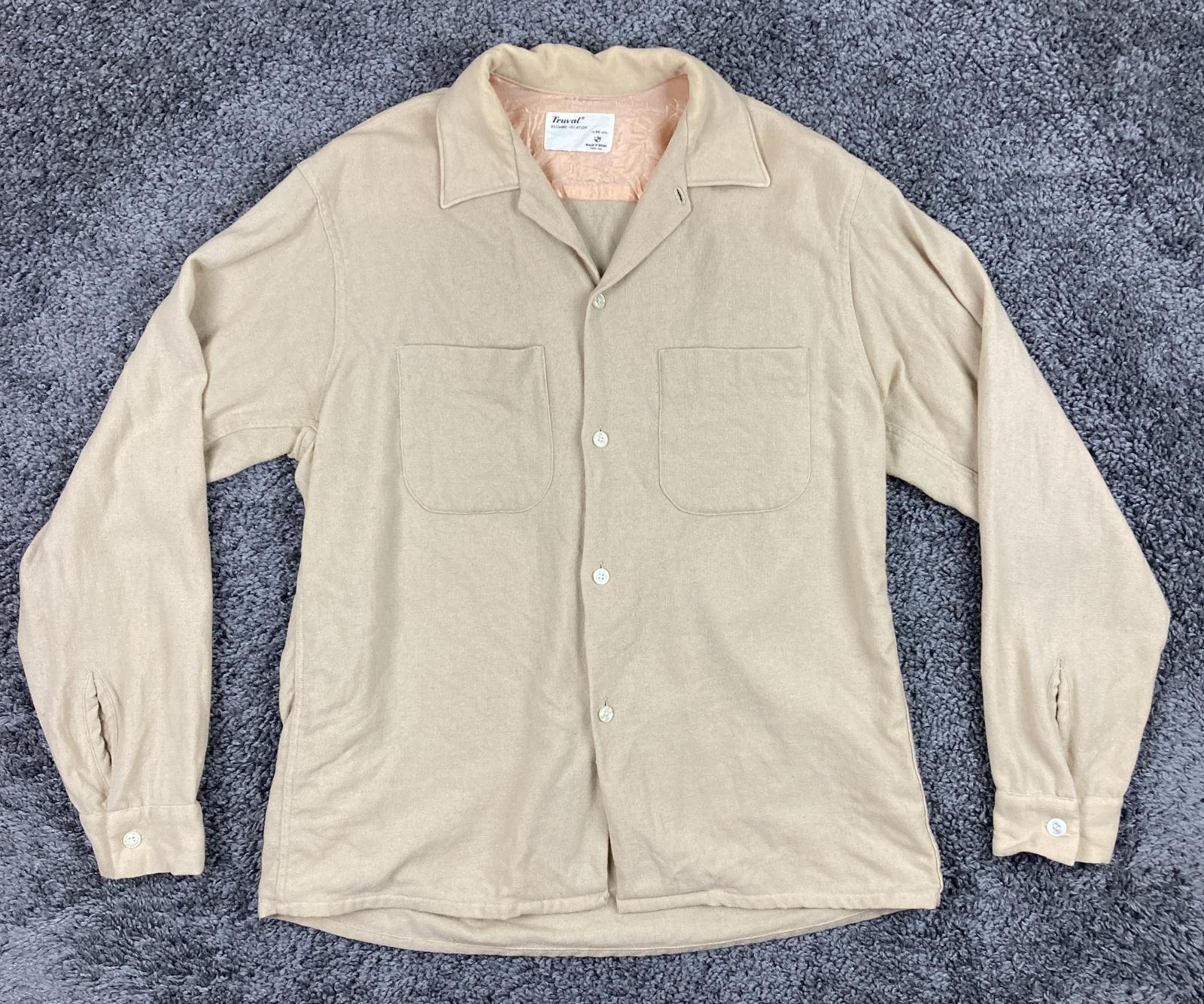 Vintage Truval Wool Mens Medium 15 1/2 Tan Button Up Long Sleeve Shirt