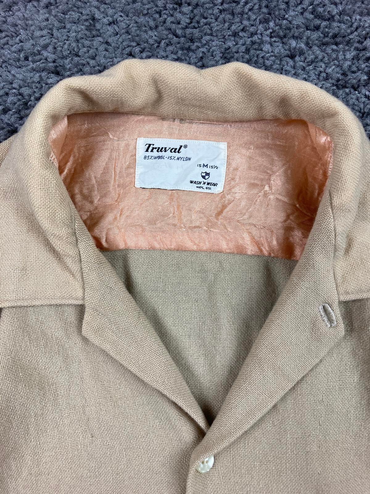 Vintage Truval Wool Mens Medium 15 1/2 Tan Button Up Long Sleeve Shirt