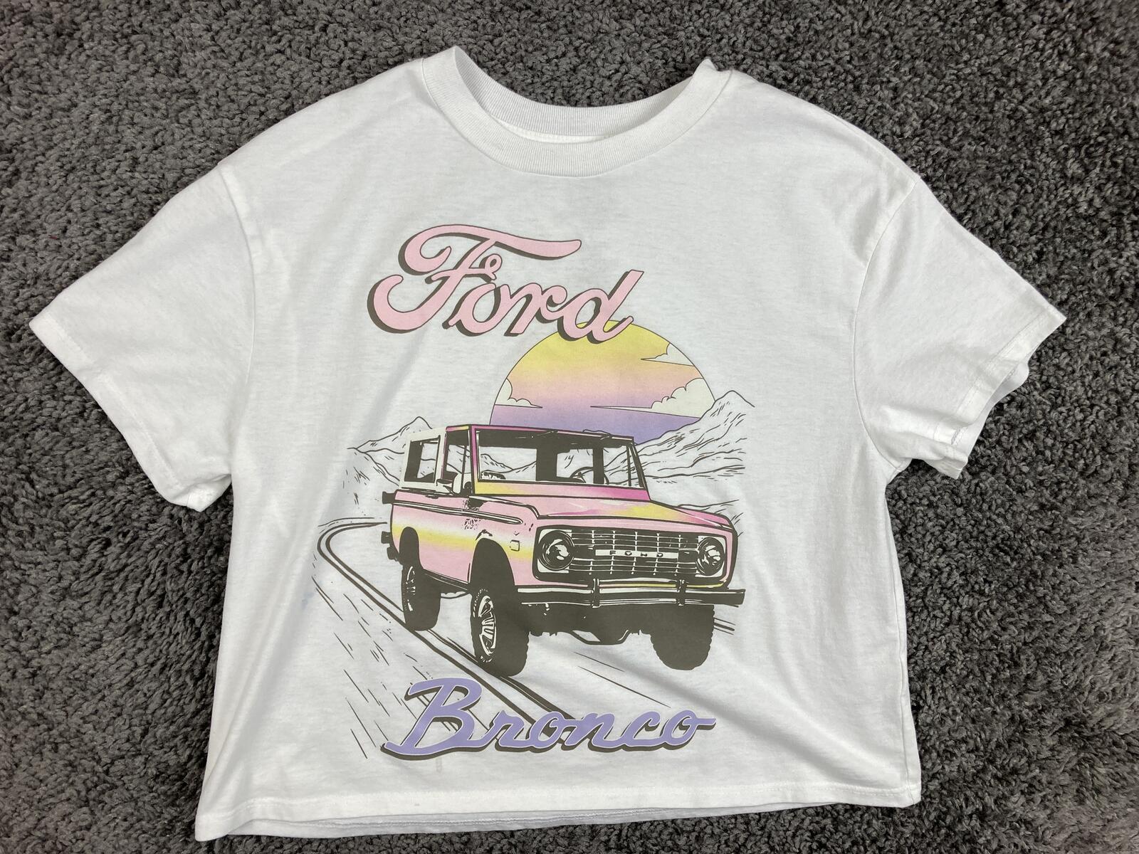 Ford Bronco Graphic T-Shirt Womens White Pink Sunset Retro Hybrid Boxy Tee Sz L