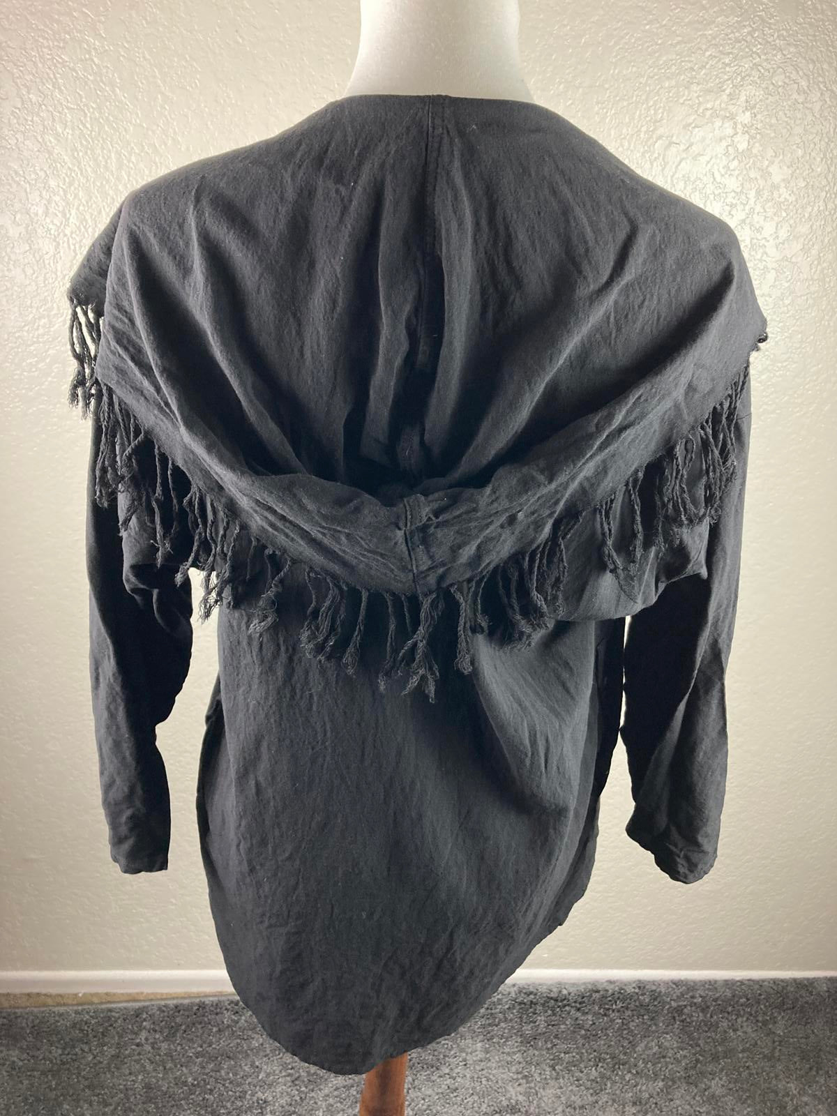 JM by Shelli Segal Fringed Open Front Cardigan Hoodie Black Medium