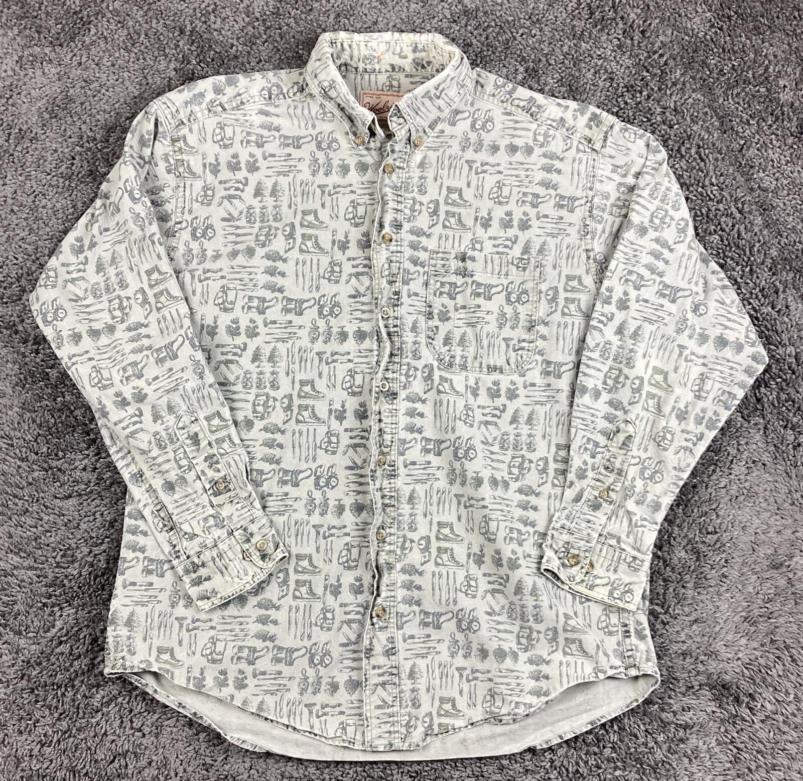 Vintage Woolrich Shirt Mens Made USA Cotton Camping Hiking Novelty Print Sz L