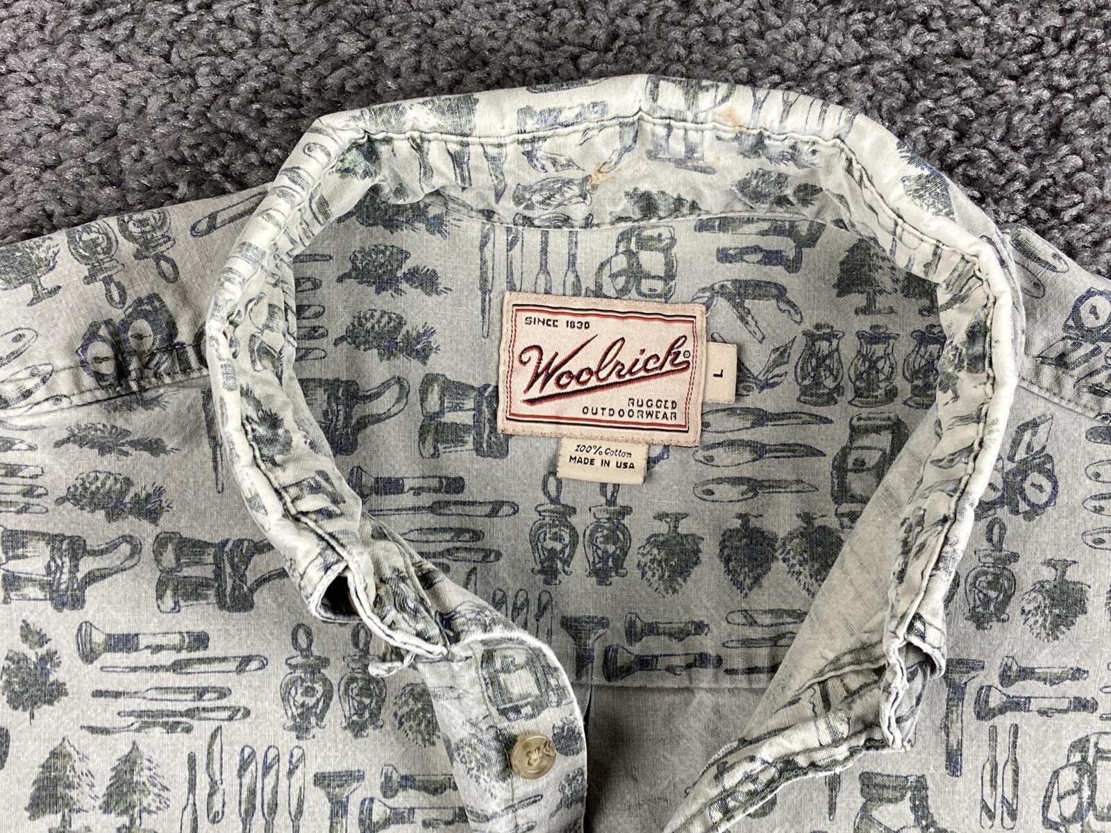 Vintage Woolrich Shirt Mens Made USA Cotton Camping Hiking Novelty Print Sz L