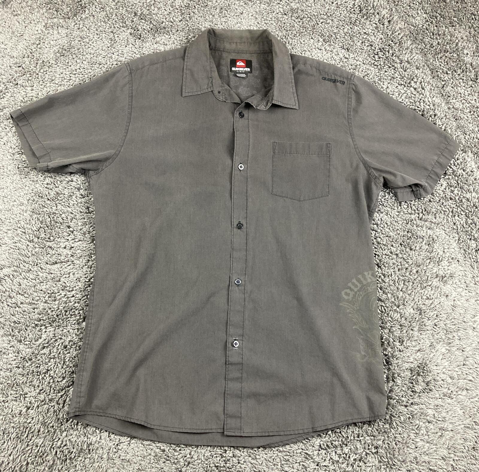 Quiksilver Mens Shirt Gray Short Sleeve Button Up Graphic Logo Surf Skate Sz L
