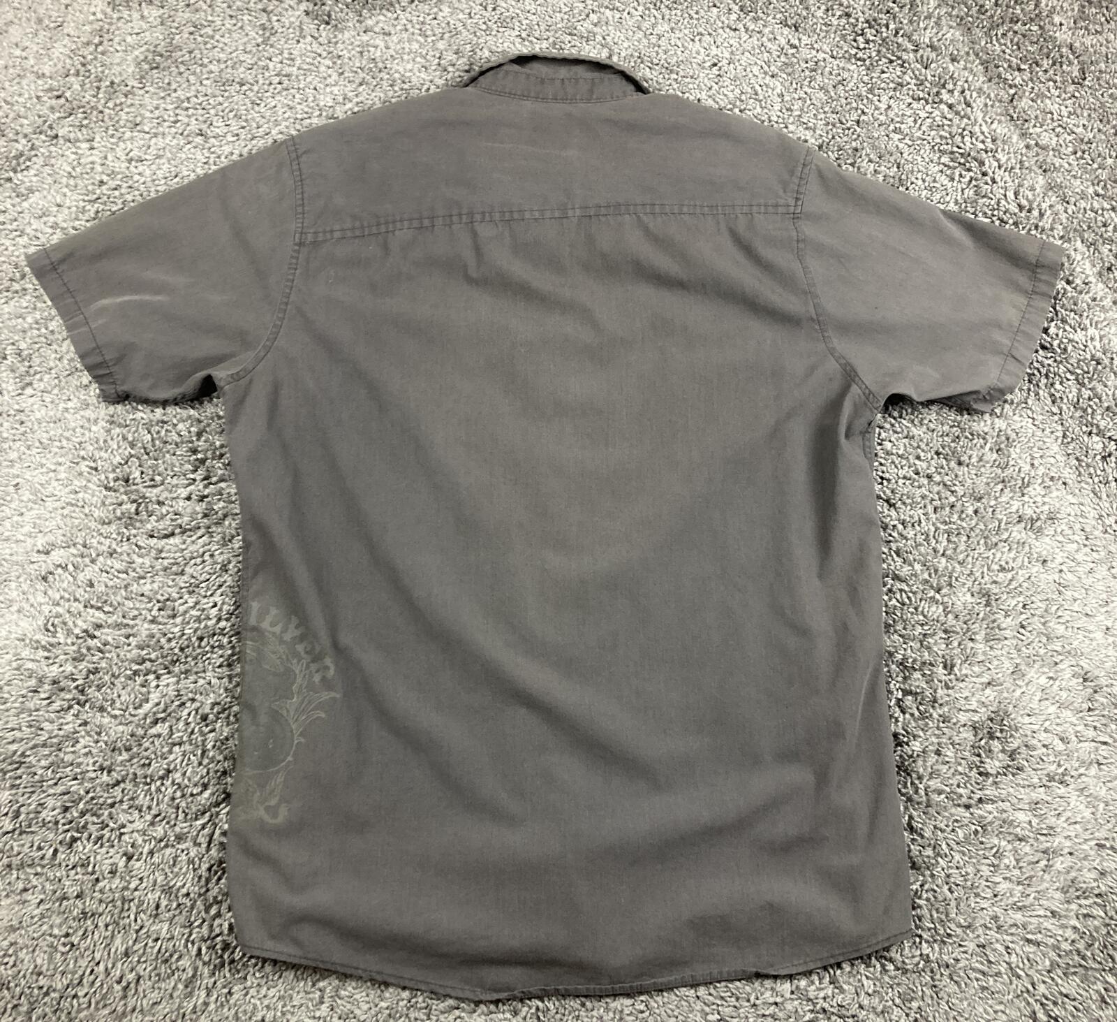 Quiksilver Mens Shirt Gray Short Sleeve Button Up Graphic Logo Surf Skate Sz L