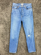 RE/DONE Blue Skinny Jeans Womens Size 27  Button Fly Distressed Knee Denim