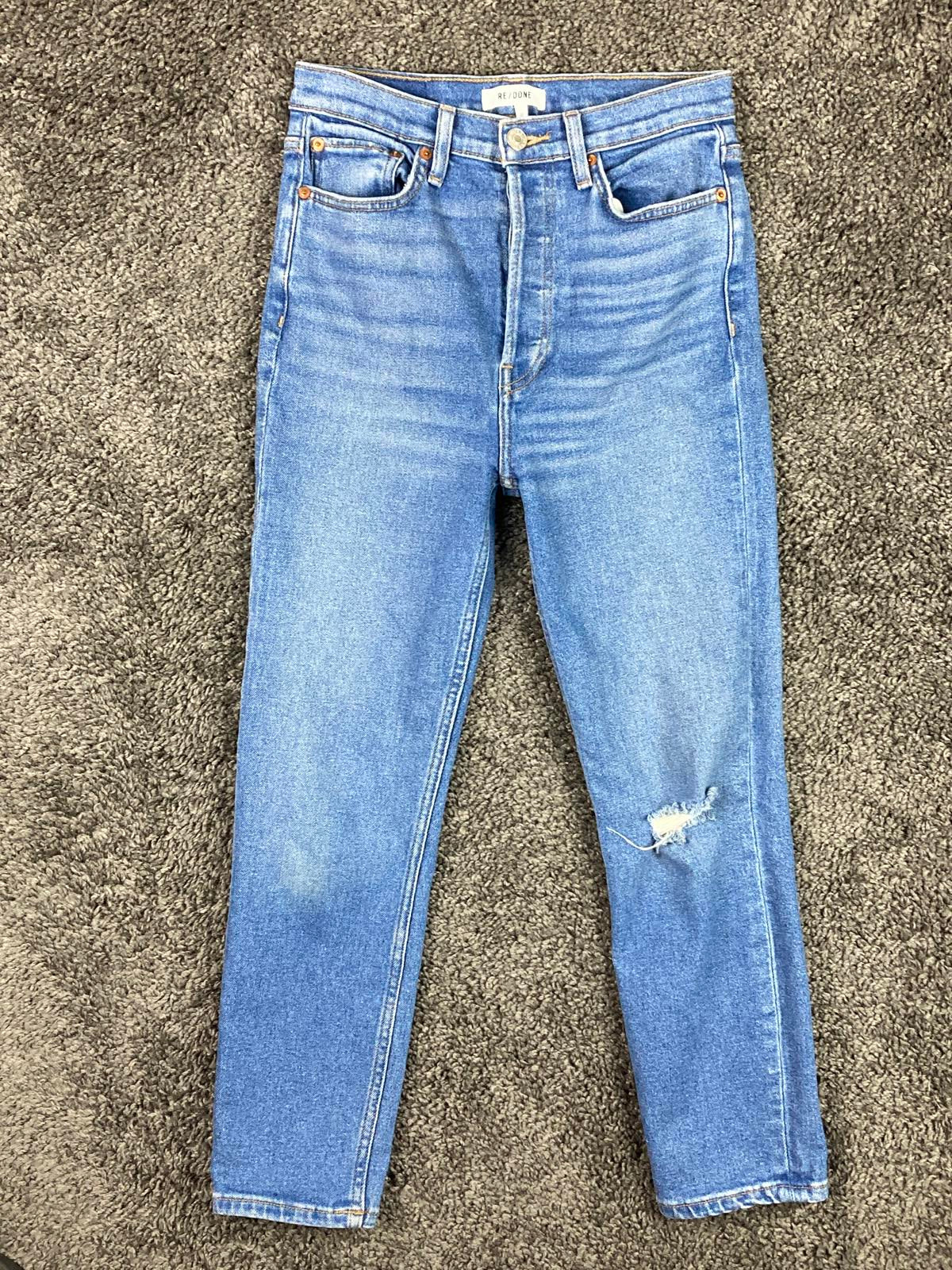 RE/DONE Blue Skinny Jeans Womens Size 27  Button Fly Distressed Knee Denim