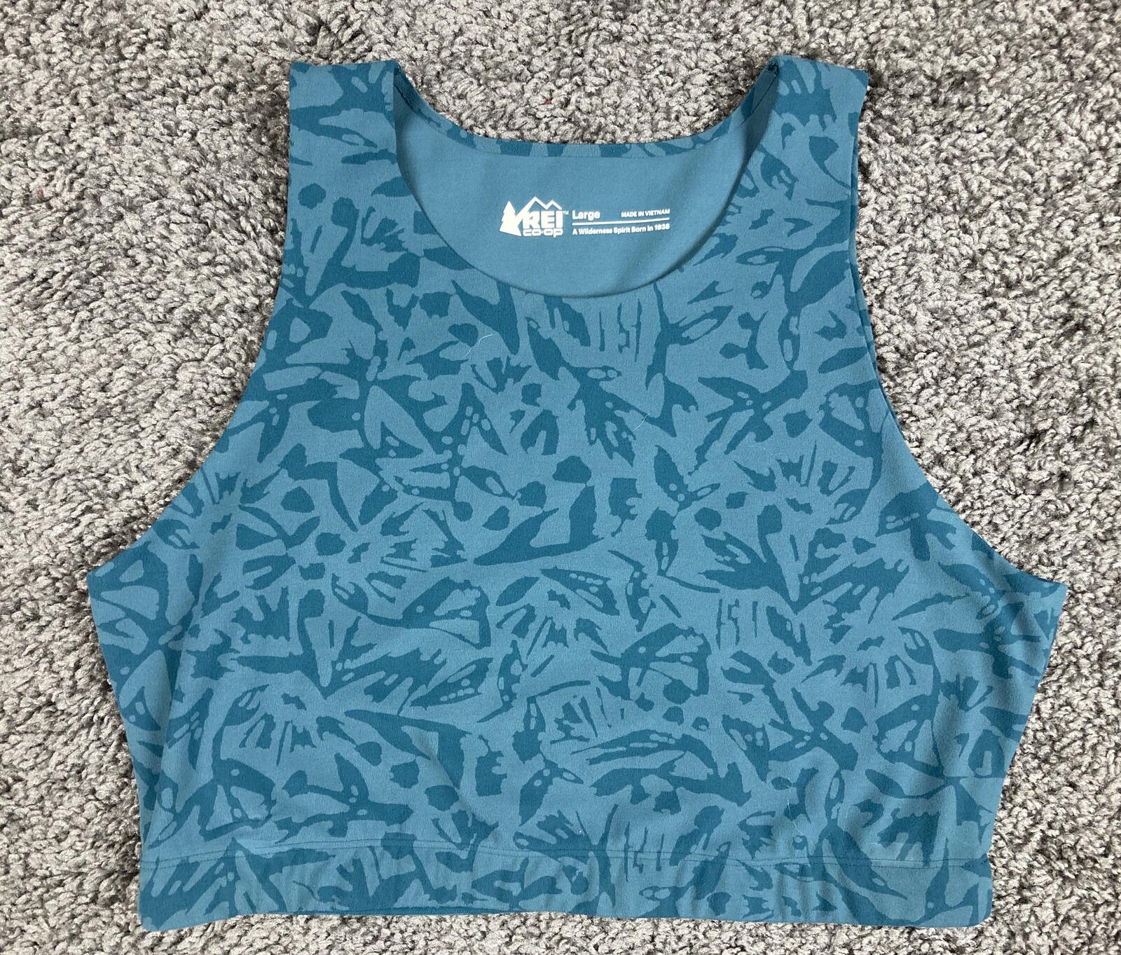 REI Co-op Active Pursuits Ribbed Bra Top Blue Teal Abstract Crop Tank Sz L