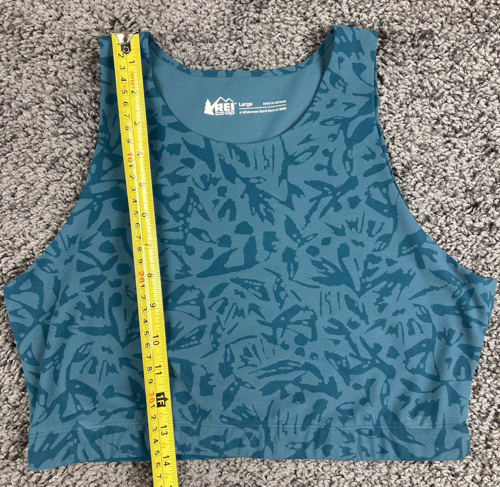 REI Co-op Active Pursuits Ribbed Bra Top Blue Teal Abstract Crop Tank Sz L