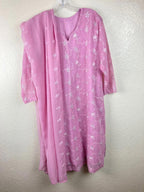 Women's Pink & White 3pc Embroidered Lined Indian Kurta, Pant & Dupatta Set Sz L