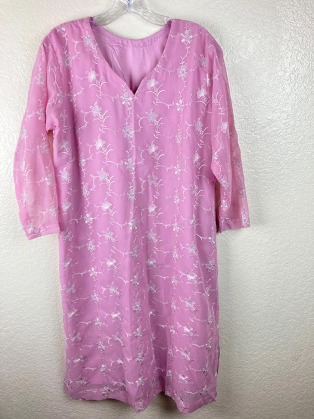 Women's Pink & White 3pc Embroidered Lined Indian Kurta, Pant & Dupatta Set Sz L
