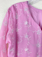 Women's Pink & White 3pc Embroidered Lined Indian Kurta, Pant & Dupatta Set Sz L