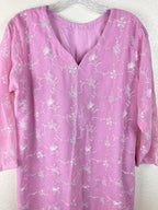 Women's Pink & White 3pc Embroidered Lined Indian Kurta, Pant & Dupatta Set Sz L
