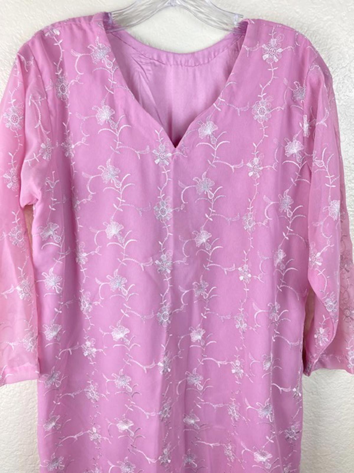 Women's Pink & White 3pc Embroidered Lined Indian Kurta, Pant & Dupatta Set Sz L