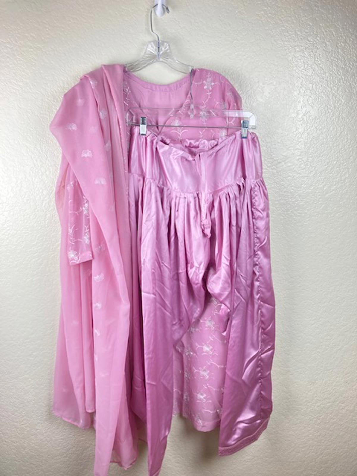 Women's Pink & White 3pc Embroidered Lined Indian Kurta, Pant & Dupatta Set Sz L