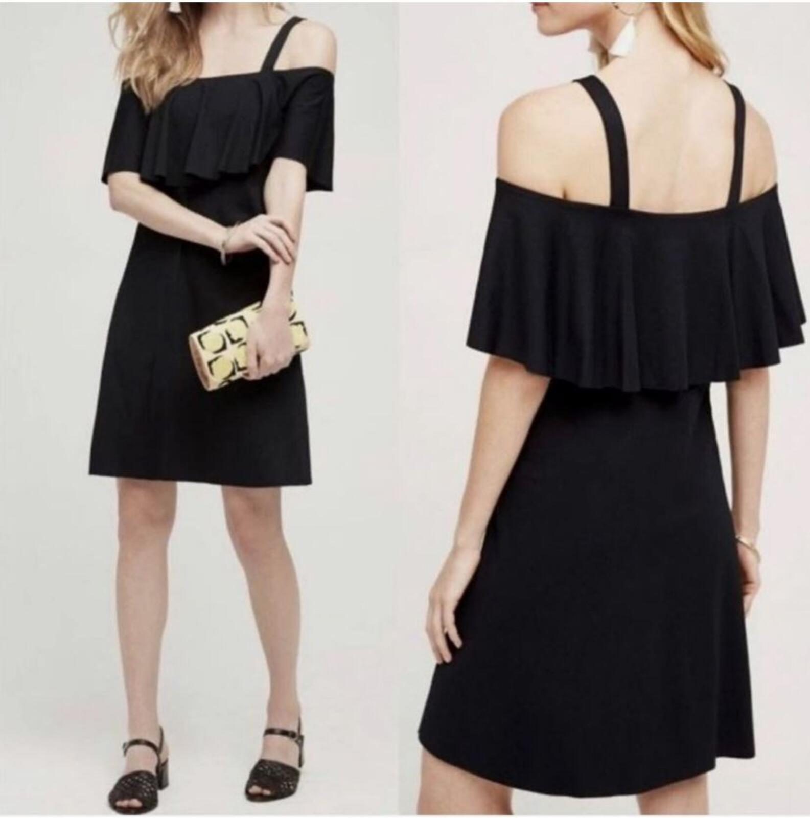 Maeve Anthropologie Black Cold Shoulder Ruffle Mini Dress Knit Rayon Stretch S