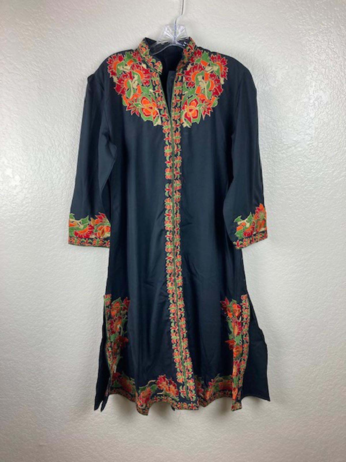 Women's Black 3pc Multicolor Embroidered Indian Kurta, Pant & Dupatta Set Sz L