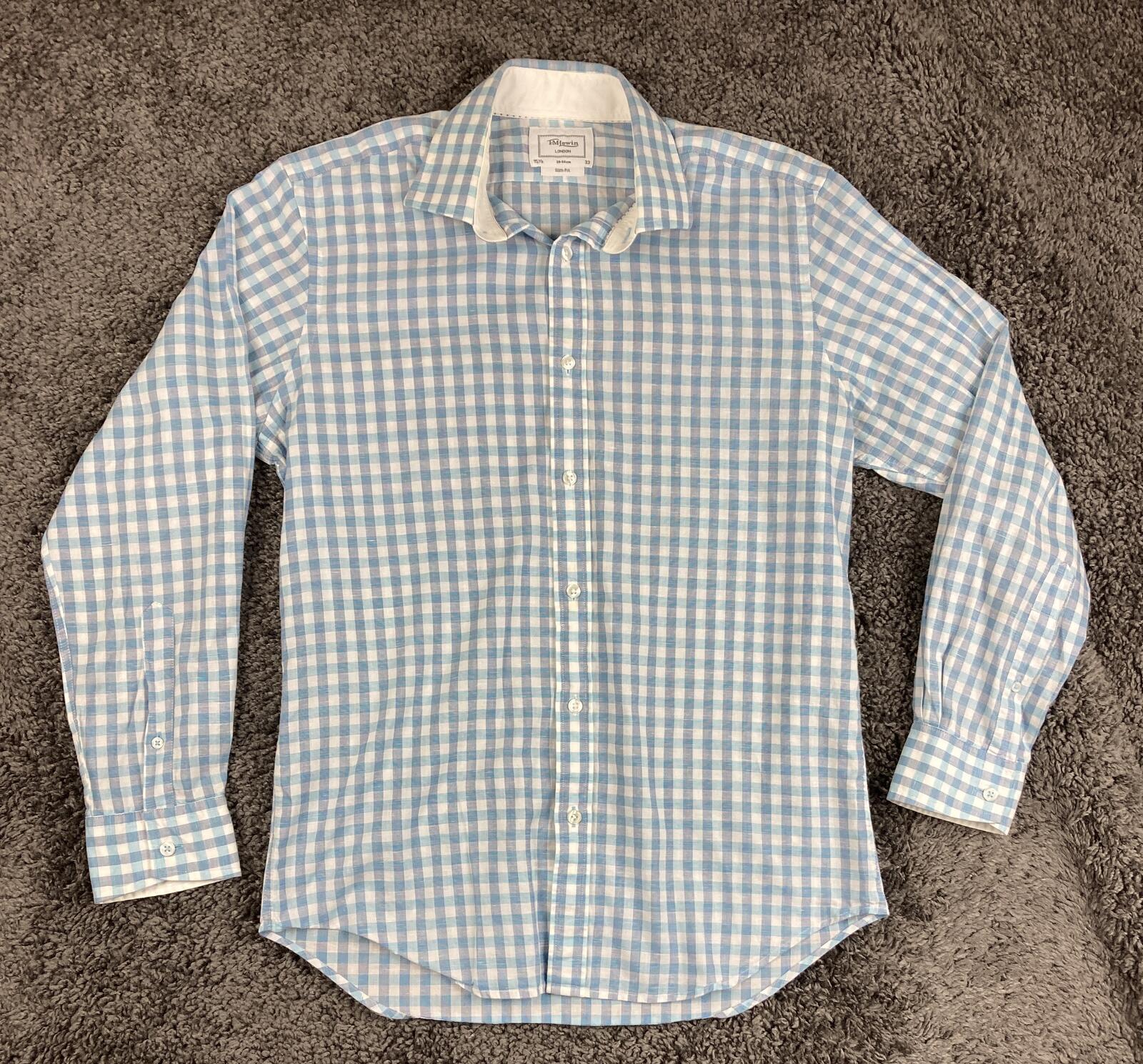 T.M. Lewin Mens Shirt  Slim Fit Blue Gingham Linen Blend Long Sleeve 15.5 (33)