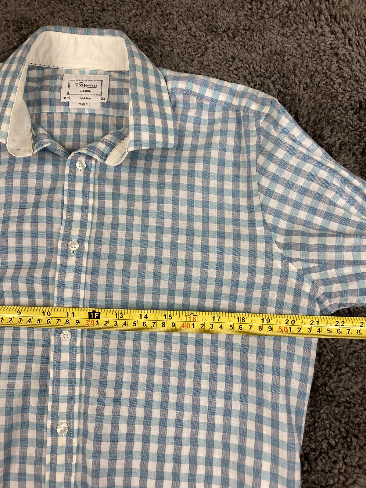 T.M. Lewin Mens Shirt  Slim Fit Blue Gingham Linen Blend Long Sleeve 15.5 (33)