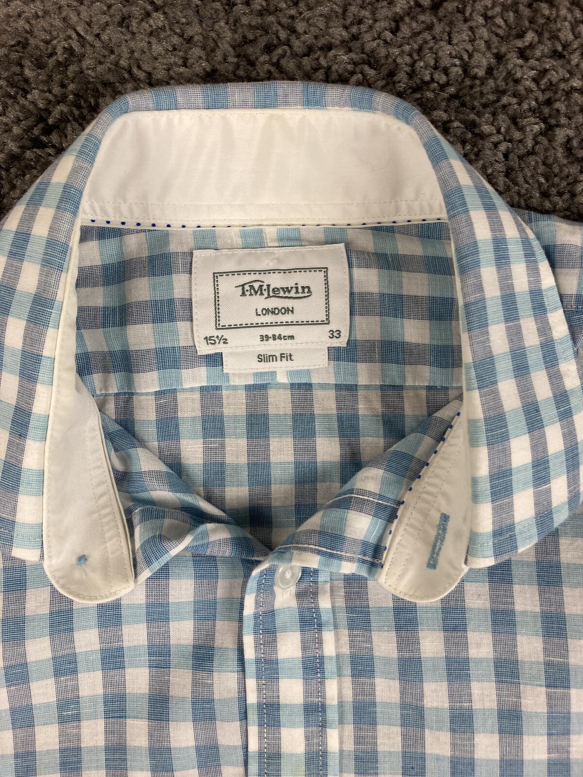 T.M. Lewin Mens Shirt  Slim Fit Blue Gingham Linen Blend Long Sleeve 15.5 (33)